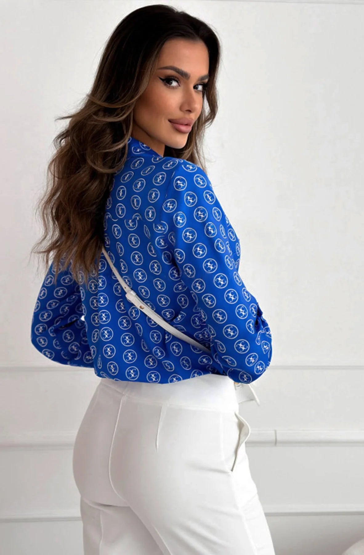 Marina Patterned Shirt Blouse Top-Royal Blue