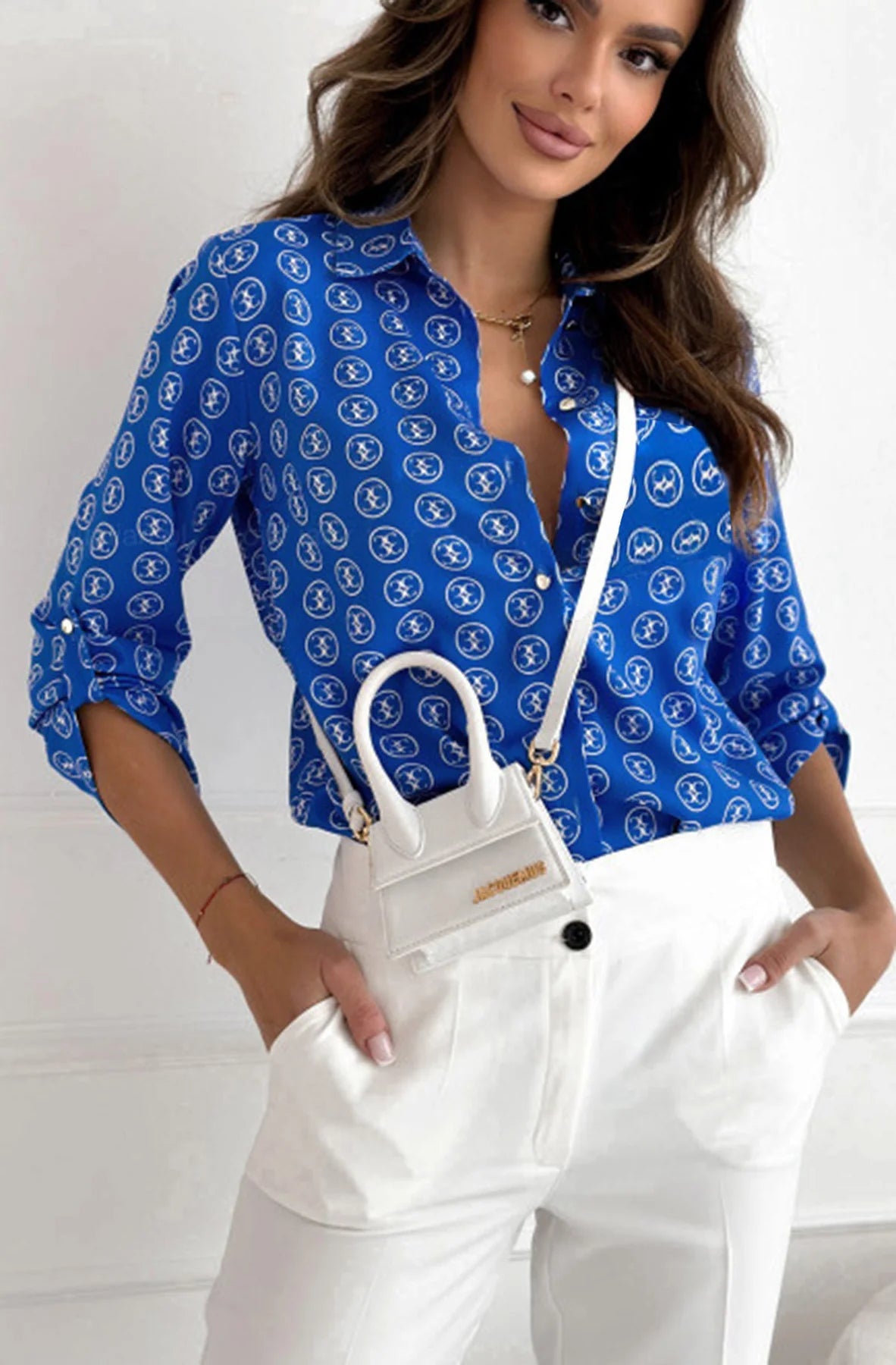 Marina Patterned Shirt Blouse Top-Royal Blue