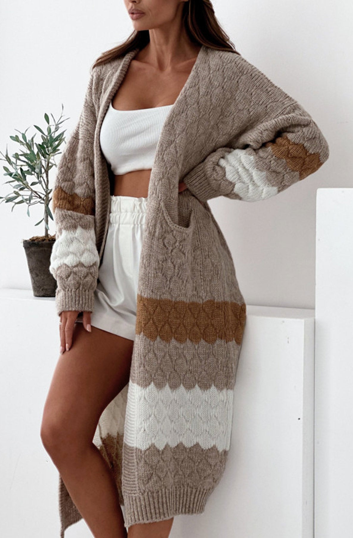 Capri Longline Contrast Knitted Cardigan-Brown