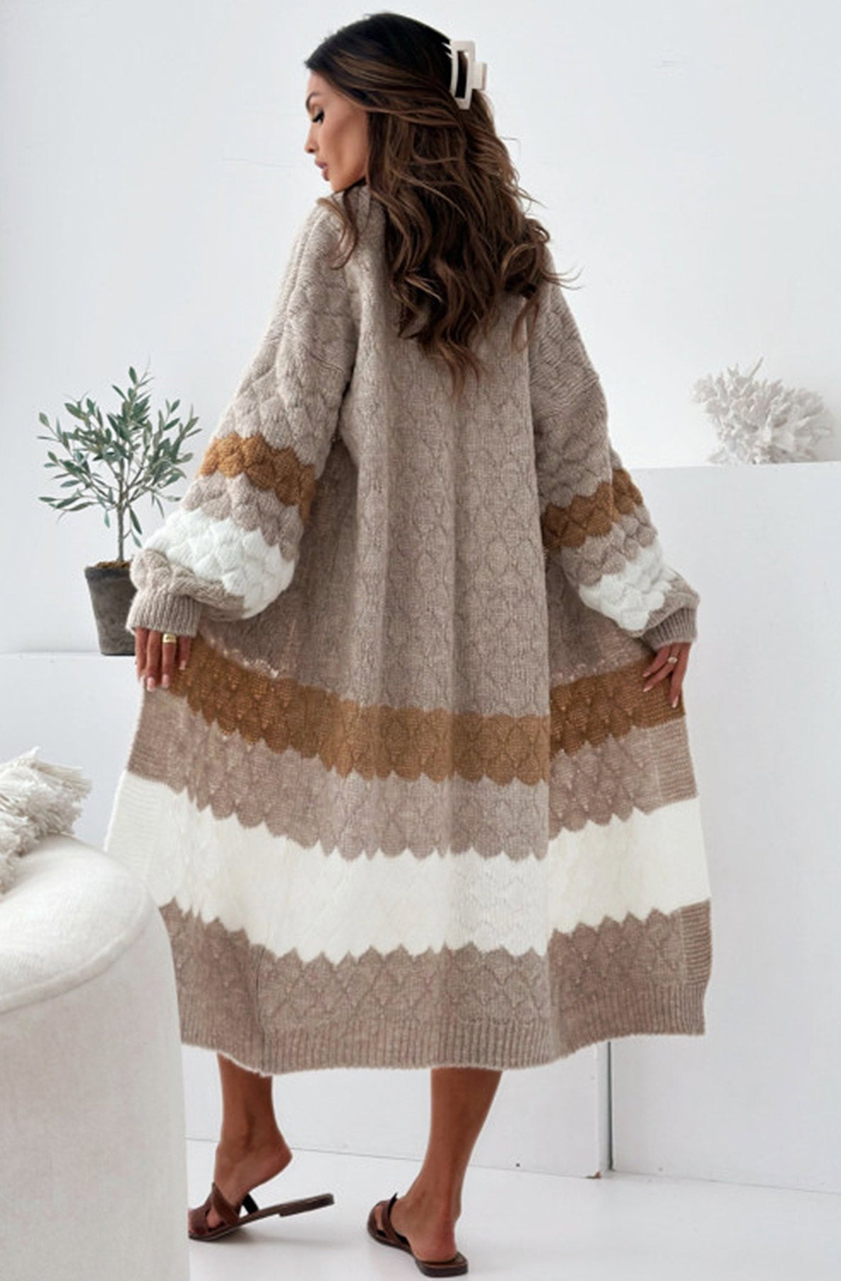 Capri Longline Contrast Knitted Cardigan-Brown