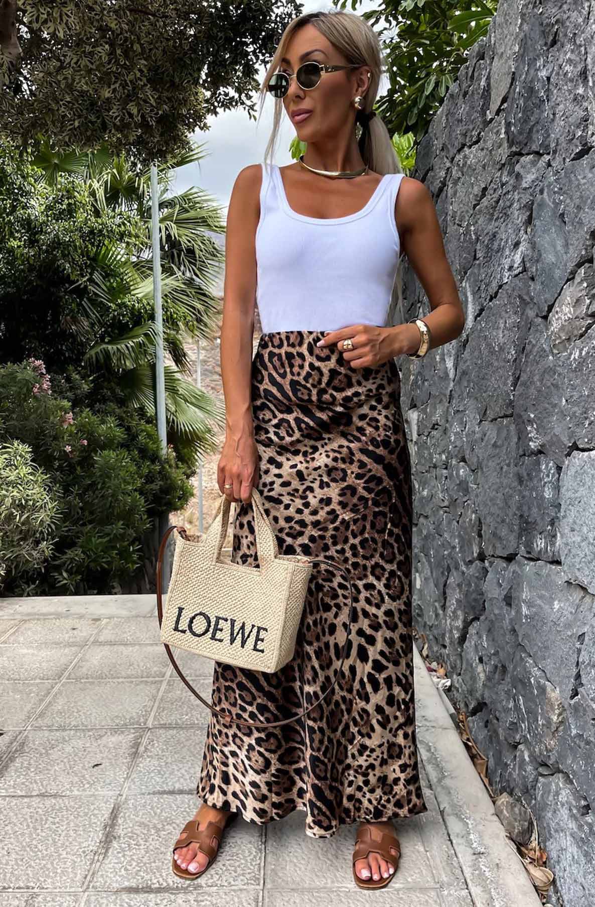 Jasmin Satin Animal Print Maxi Skirt-Brown